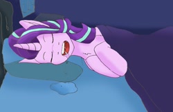 Size: 1280x833 | Tagged: safe, artist:jacksykes, starlight glimmer, pony, unicorn, g4, bed, drool, sleeping, snoring, solo