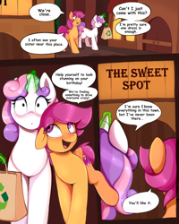 Size: 1600x2000 | Tagged: safe, artist:ritter, scootaloo, sweetie belle, pegasus, pony, unicorn, comic:the sweet spot, g4, comic, dialogue, duckery in the comments, female, magic, mare, older, older scootaloo, older sweetie belle, open mouth, smiling