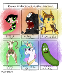 Size: 3000x3582 | Tagged: safe, artist:reverompa, princess celestia, alicorn, human, pony, winged lemur, anthro, g4, anthro with ponies, avatar the last airbender, bust, buttercup (powerpuff girls), crossover, female, grin, high res, jewelry, male, mare, momo, no face, open mouth, peytral, pickle rick, ratchet, ratchet and clank, rick and morty, six fanarts, smiling, spirited away, the powerpuff girls, tiara, upside down