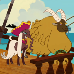 Size: 430x430 | Tagged: safe, artist:lindsay towns, artist:mane6, screencap, captain bravura (tfh), goat, them's fightin' herds, background character, community related, duo, first mate ruvido (tfh), game screencap, pirate