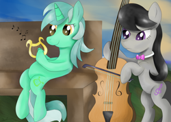 Size: 2000x1420 | Tagged: safe, alternate version, artist:almaustral, lyra heartstrings, octavia melody, earth pony, pony, unicorn, g4, bow (instrument), bowtie, cello, colored, duo, female, harp, hoof hold, mare, musical instrument, sitting