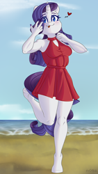 Size: 4320x7680 | Tagged: safe, artist:ev04ka, artist:ev04kaa, rarity, unicorn, anthro, unguligrade anthro, rcf community, g4, blushing, clothes, dress, floating heart, heart, ocean, solo, standing, standing on one leg, tongue out, underhoof