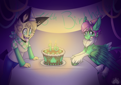 Size: 1700x1200 | Tagged: safe, artist:chu-and-sparky-127, oc, oc:firework spark, pegasus, pikachu, pony, anthro, anthro with ponies, birthday cake, birthday candles, cake, chest fluff, clothes, female, food, happy birthday, mare, neckerchief, open mouth, pegasus oc, pokémon, tongue out, unshorn fetlocks, wings