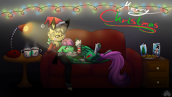 Size: 2520x1420 | Tagged: safe, artist:chu-and-sparky-127, oc, oc only, oc:firework spark, pegasus, pikachu, pony, anthro, anthro with ponies, couch, duo, female, mare, merry christmas, pegasus oc, pokémon, wings