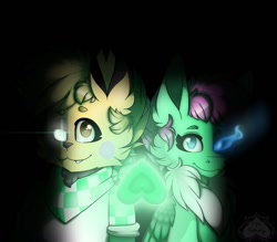 Size: 1024x896 | Tagged: safe, artist:chu-and-sparky-127, oc, pegasus, pikachu, anthro, anthro with ponies, black background, bust, chest fluff, duo, glowing eyes, neckerchief, pegasus oc, pokémon, simple background, smiling, wings