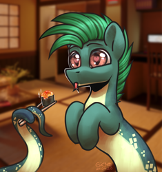 Size: 1406x1498 | Tagged: safe, artist:gicme, oc, oc only, oc:dalar, original species, pony, snake, snake pony, big eyes, chopsticks, food, heart eyes, prehensile tail, short mane, simple background, sushi, tongue out, wingding eyes