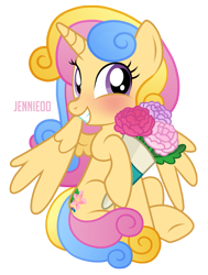 Size: 905x1200 | Tagged: safe, artist:jennieoo, oc, oc only, oc:blooming star, alicorn, pony, g4, alicorn oc, blushing, bouquet, commission, cute, female, flower, horn, looking at you, mare, ocbetes, show accurate, simple background, smiling, solo, transparent background, vector, weapons-grade cute, wings