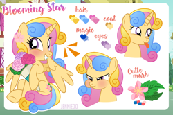 Size: 1200x798 | Tagged: safe, artist:jennieoo, oc, oc only, oc:blooming star, alicorn, pony, g4, angry, commission, cute, female, happy, laughing, mare, peonies, reference sheet, show accurate, solo, tongue out, vector