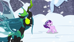 Size: 1920x1080 | Tagged: safe, screencap, queen chrysalis, starlight glimmer, g4, the ending of the end, mountain, snow, ultimate chrysalis, windswept mane