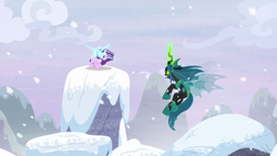Size: 1280x720 | Tagged: safe, screencap, queen chrysalis, starlight glimmer, g4, the ending of the end, cloud, mountain, snow, ultimate chrysalis, windswept mane