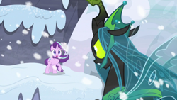 Size: 1920x1080 | Tagged: safe, screencap, queen chrysalis, starlight glimmer, g4, the ending of the end, mountain, snow, ultimate chrysalis