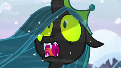 Size: 1920x1080 | Tagged: safe, screencap, queen chrysalis, pony, g4, the ending of the end, cloud, mountain, snow, solo, ultimate chrysalis, wide eyes