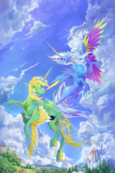 Size: 667x1000 | Tagged: dead source, safe, artist:makkah, trixie, oc, oc:mark wells, alicorn, pony, fanfic:off the mark, g4, alicorn oc, canterlot castle, horn, illustration, markxie, skydancing, wings