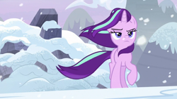 Size: 1920x1080 | Tagged: safe, screencap, starlight glimmer, pony, g4, the ending of the end, mountain, rock, snow, solo, windswept mane