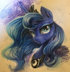 Size: 2950x3022 | Tagged: safe, artist:musical ray, princess luna, alicorn, pony, g4, bust, female, high res, long hair, night, portrait, solo, traditional art
