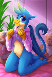 Size: 1350x2000 | Tagged: safe, artist:shadowreindeer, gallus, griffon, anthro, plantigrade anthro, g4, blushing, bottomless, clothes, cute, featureless crotch, femboy, gallabetes, girly, hoodie, indoors, kneeling, looking at you, male, partial nudity, smiling, solo, teddy bear, teenager