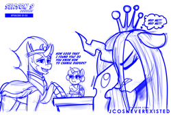 Size: 1024x689 | Tagged: safe, artist:jcosneverexisted, king sombra, princess flurry heart, queen chrysalis, changeling, pony, g4, the beginning of the end, angry, baby, dialogue, facepalm, female, flurry heart is not amused, male, queen chrysalis is not amused, season 9 doodles, stallion, unamused