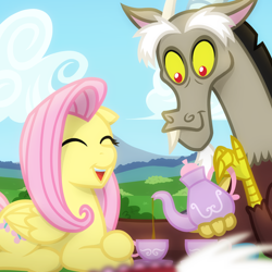 Size: 2048x2048 | Tagged: safe, artist:whitequartztheartist, discord, fluttershy, draconequus, pegasus, pony, g4, eyes closed, fangs, food, high res, open mouth, outdoors, tea