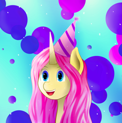 Size: 2621x2656 | Tagged: safe, artist:sane, alicorn, pony, abstract background, birthday, caption, happy, high res, not fluttershy, pink hair, solo