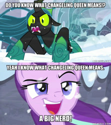 Size: 600x674 | Tagged: safe, edit, edited screencap, screencap, queen chrysalis, starlight glimmer, g4, the ending of the end, adventure time, caption, image macro, male, text, ultimate chrysalis