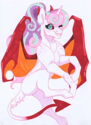 Size: 2713x3717 | Tagged: safe, artist:frozensoulpony, princess flurry heart, pony, g4, bat wings, colored sclera, devil horns, devil tail, high res, older, one eye closed, solo, traditional art, wings, wink