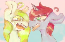 Size: 1700x1111 | Tagged: safe, oc, oc only, pony, unicorn, duo, horn, open mouth, smiling, tongue out, unicorn oc