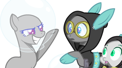 Size: 1280x720 | Tagged: safe, artist:thieeur-nawng, oc, oc only, dragon, pony, g4, bald, base, bunny ears, clothes, costume, dangerous mission outfit, goggles, grin, hoodie, raised hoof, simple background, smiling, space helmet, underhoof, white background