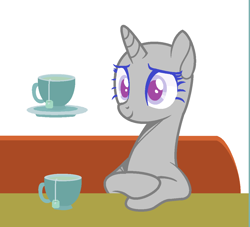 Size: 1130x1024 | Tagged: safe, artist:thieeur-nawng, oc, oc only, pony, unicorn, bald, base, bust, cup, eyelashes, food, horn, magic, simple background, sitting, smiling, solo, tea, teacup, telekinesis, unicorn oc, white background