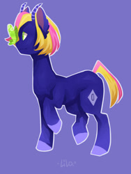 Size: 768x1024 | Tagged: safe, oc, oc only, bicorn, butterfly, pony, blue background, colored hooves, horn, multiple horns, raised hoof, simple background