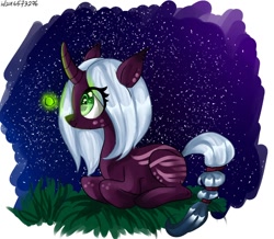 Size: 1000x870 | Tagged: safe, oc, oc only, firefly (insect), insect, pony, unicorn, eyelashes, horn, lying down, night, outdoors, prone, smiling, stars, unicorn oc