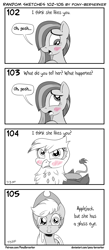 Size: 1320x3035 | Tagged: safe, artist:pony-berserker, applejack, gilda, marble pie, earth pony, griffon, pony, pony-berserker's twitter sketches, g4, behaving like a bird, blushing, cute, female, gilda is not amused, gildadorable, gildere, glass eye, halftone, hat, implied lesbian, marblebetes, monochrome, one of these things is not like the others, partial color, puffy cheeks, scar, shy, simple background, sketch, smiling, solo, speech bubble, talking to viewer, tsundere, unamused, white background