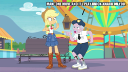 Size: 889x500 | Tagged: safe, artist:thor-disciple, edit, edited screencap, screencap, applejack, stanley excelsior, equestria girls, equestria girls specials, g4, my little pony equestria girls: better together, my little pony equestria girls: rollercoaster of friendship, applejack's hat, boots, clothes, cowboy boots, cowboy hat, denim skirt, geode of super strength, hat, magical geodes, shoes, skirt, song reference