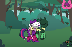 Size: 1024x674 | Tagged: safe, artist:author92, edit, editor:twilightfan2, fluttershy, twilight sparkle, alicorn, pony, g4, blindfold, bondage, bound wings, brightly colored ninjas, cloth gag, eyeholess mask, forest, gag, help us, kunoichi, magic suppression, twilight sparkle (alicorn), wing hands, wings