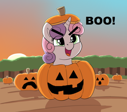 Size: 1124x994 | Tagged: safe, artist:heretichesh, edit, sweetie belle, pony, unicorn, g4, >:d, autumn, boo, bush, cute, diasweetes, female, field, filly, forest, happy, hnnng, open mouth, ponies in food, pumpkin, pumpkin patch, smiling, smoltober, solo, soon, sunset, tree, weapons-grade cute