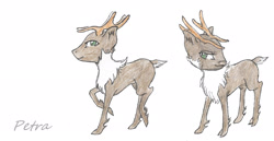 Size: 2424x1249 | Tagged: safe, artist:cindertale, oc, oc only, oc:petra, deer, antlers, deer oc, duo, female, raised hoof, simple background, smug, traditional art, white background