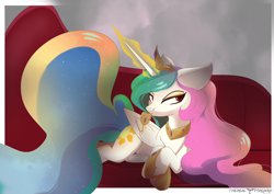 Size: 2481x1754 | Tagged: safe, artist:therealf1rebird, princess celestia, alicorn, pony, g4, alcohol, bed, female, horn, magic, mare, solo, telekinesis, wine, wings