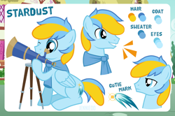 Size: 1200x798 | Tagged: safe, artist:jennieoo, oc, oc only, oc:stardust, pegasus, pony, g4, colt, happy, male, reference sheet, show accurate, smiling, solo, telescope, vector