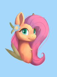 Size: 1024x1366 | Tagged: safe, artist:kusoazi, fluttershy, pegasus, pony, g4, blue background, bust, chest fluff, female, flower, flower on ear, looking at you, mare, portrait, simple background, smiling, solo, three quarter view, wings