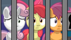 Size: 1280x720 | Tagged: safe, edit, edited screencap, screencap, apple bloom, scootaloo, sweetie belle, g4, marks for effort, 1000 hours in ms paint, betrayed, cutie mark crusaders, prison