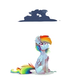 Size: 1080x1080 | Tagged: safe, artist:colorbrush, rainbow dash, pegasus, pony, g4, cheek fluff, chest fluff, cloud, ear fluff, female, folded wings, looking at something, looking up, mare, neck fluff, raincloud, sad, simple background, sitting, solo, white background, wing fluff, wings