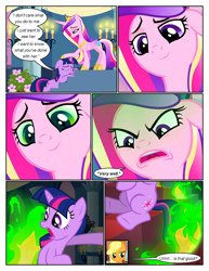 Size: 612x792 | Tagged: safe, artist:newbiespud, edit, edited screencap, screencap, queen chrysalis, twilight sparkle, alicorn, earth pony, pony, unicorn, comic:friendship is dragons, a canterlot wedding, g4, a, comic, dialogue, disguise, disguised changeling, eyelashes, fake cadance, female, frown, hoof shoes, looking back, mare, open mouth, peytral, screencap comic, unicorn twilight