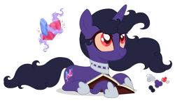 Size: 2000x1204 | Tagged: safe, artist:magicuniclaws, oc, oc only, pony, unicorn, book, female, lying down, mare, offspring, parent:king sombra, parent:tantabus, prone, simple background, solo, transparent background