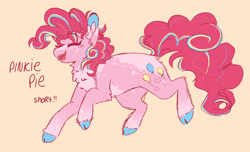 Size: 1894x1152 | Tagged: safe, artist:pretzelprince, pinkie pie, earth pony, pony, g4, alternate color palette, alternate design, butt fluff, chest fluff, cloven hooves, coat markings, colored ear fluff, colored hooves, colored pinnae, cute, dappled, diapinkes, ear fluff, eye clipping through hair, eyebrows, eyebrows visible through hair, eyes closed, facial markings, female, heart, heart mark, leg fluff, mare, open mouth, open smile, rainbow power, redesign, short, shoulder fluff, simple background, smiling, solo, stripe (coat marking), tail, text, unshorn fetlocks