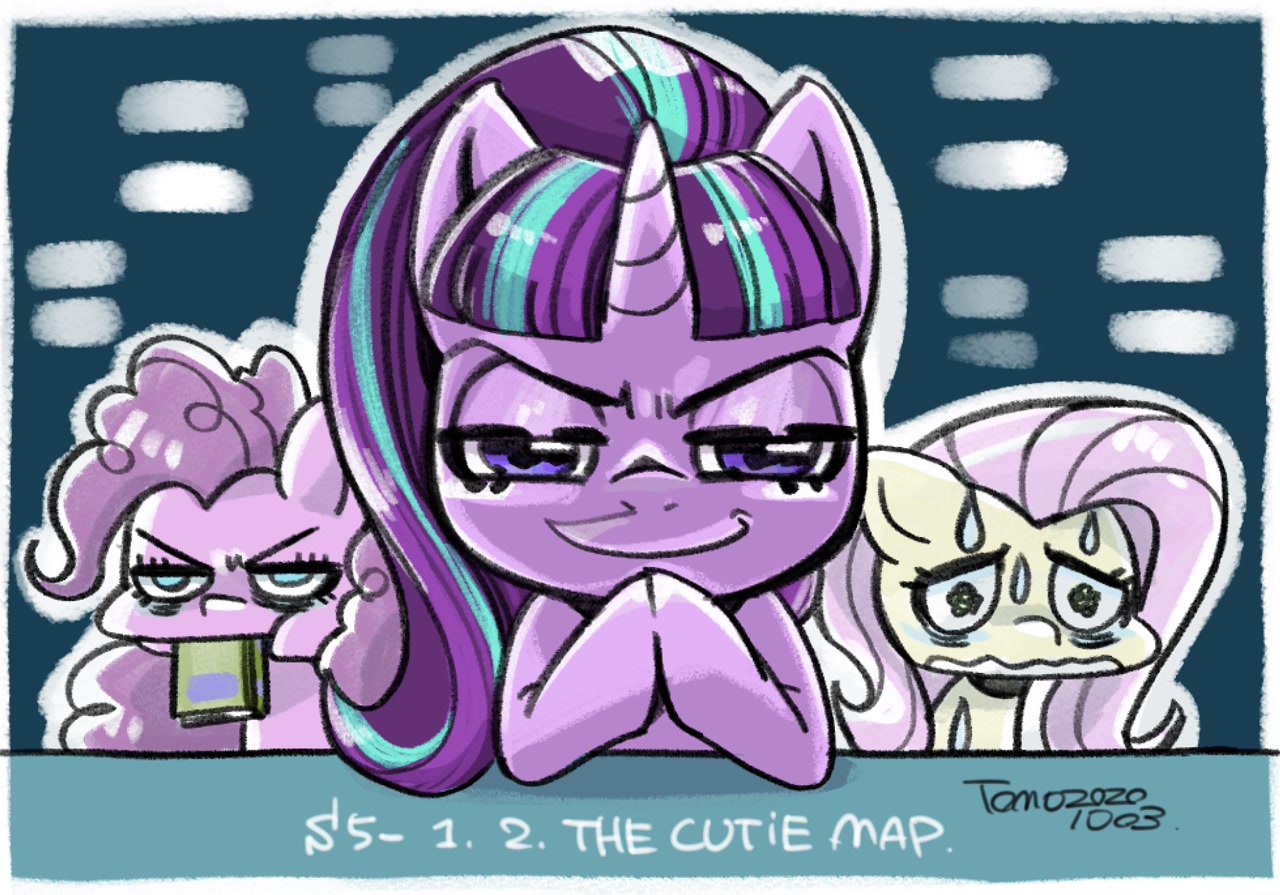 Safe Artist Babtyu Fluttershy Pinkie Pie Starlight Glimmer Pony The Cutie Map Book Evil Grin Female Grin Hooves Together Looking At You Mare Mouth Hold S5 Starlight Smiling Sweat Wavy Mouth