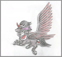 Size: 1401x1287 | Tagged: safe, artist:cindertale, king sombra, alicorn, pony, g4, alicornified, hoof shoes, horn, large wings, lying, male, race swap, smiling, solo, sombra eyes, sombracorn, stallion, traditional art, wings