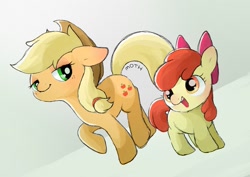 Size: 1457x1032 | Tagged: safe, artist:mochi_nation, apple bloom, applejack, earth pony, pony, g4, adorabloom, apple sisters, cute, duo, female, filly, floppy ears, jackabetes, mare, open mouth, palindrome get, siblings, sisters, smiling
