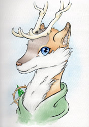 Size: 2051x2924 | Tagged: safe, artist:cindertale, oc, oc only, oc:tyandaga, deer, antlers, bust, cheek fluff, clothes, deer oc, ear fluff, head, high res, looking at you, male, smiling, solo, traditional art