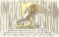 Size: 2492x1598 | Tagged: safe, artist:cindertale, oc, oc only, oc:silver quill, hippogriff, classical hippogriff oc, crown, hippogriff oc, jewelry, king, large wings, male, regalia, smiling, solo, spread wings, talons, throne, traditional art, wings