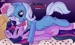 Size: 2280x1368 | Tagged: safe, artist:moon_emili, trixie, twilight sparkle, alicorn, pony, unicorn, g4, bed, belly button, blanket, commission, eyes closed, female, heart, lesbian, mare, open mouth, pillow, ship:twixie, shipping, twilight sparkle (alicorn)