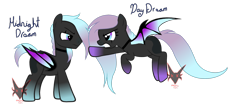 Size: 3666x1636 | Tagged: safe, artist:nightfoxgangsters, oc, oc only, oc:day dream, oc:midnight dream, bat pony, angry, bat pony oc, bat wings, discussion, flying, simple background, transparent background, wings
